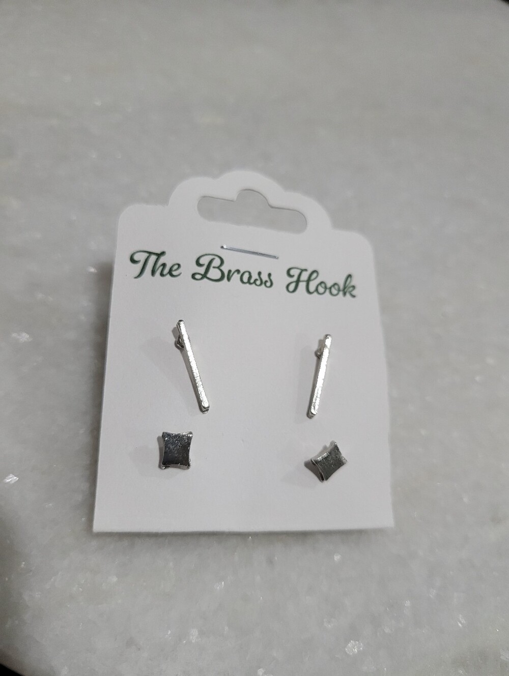 2-Pair Silver Tone Geometric Stud Earrings